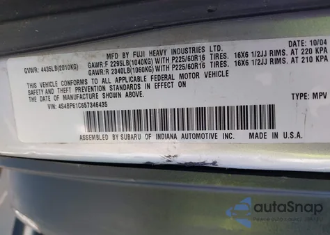 2005 Subaru Outback 2.5I z USA, uszkodzony, nr VIN 4S4BP61C657346435